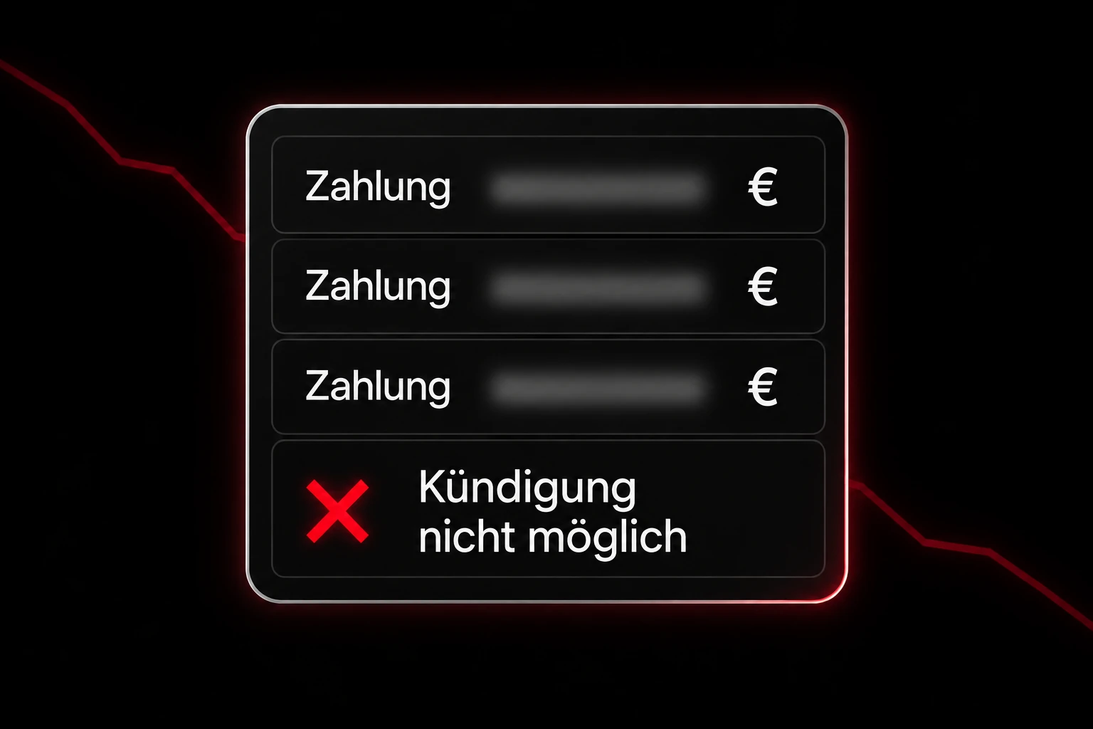 Zentrierte Karte mit drei laufenden Zahlungen und rotem X bei Kündigung nicht möglich. Dahinter deutet eine fallende rote Linie die negative Entwicklung an.