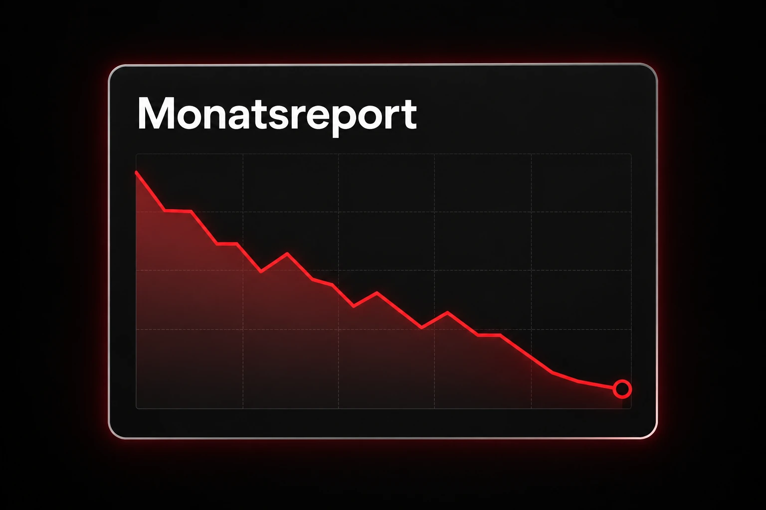 Dunkler Monatsreport mit fallender roter Kurve, zentral auf schwarzem Hintergrund.
