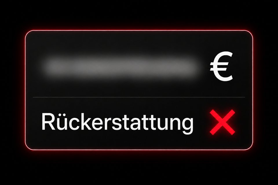 Dunkle Zahlungsstatuskarte mit unlesbarem Geldbetrag und Eurozeichen. Ein rotes X neben Rückerstattung zeigt: Das Geld wurde nicht zurückerstattet.